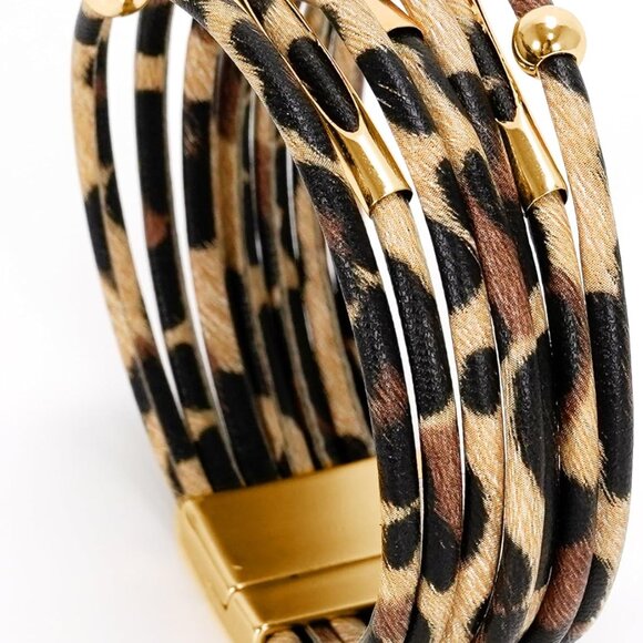 Leopard Bracelet for Women, Boho Leather Wrap Multi-Layer Pearl Crystal Bracelet - Picture 5 of 6